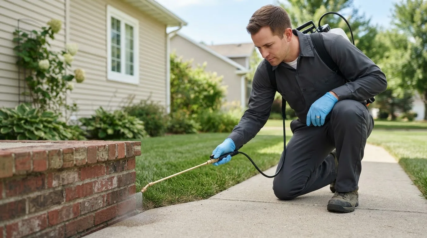 Pest control technician treating a home near Moundsville, WV