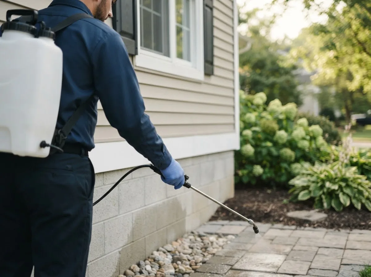 Pest control technician inspecting a home in Moundsville, WV